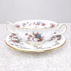 Vintage Minton Ancestral Bone China Floral Cream Soup Bowl & Underplate